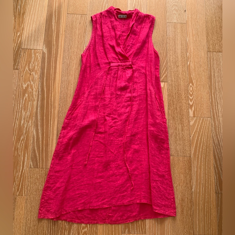 Linen Sleeveless High-Low Dress in Bright Fuchsia with Tie Waist